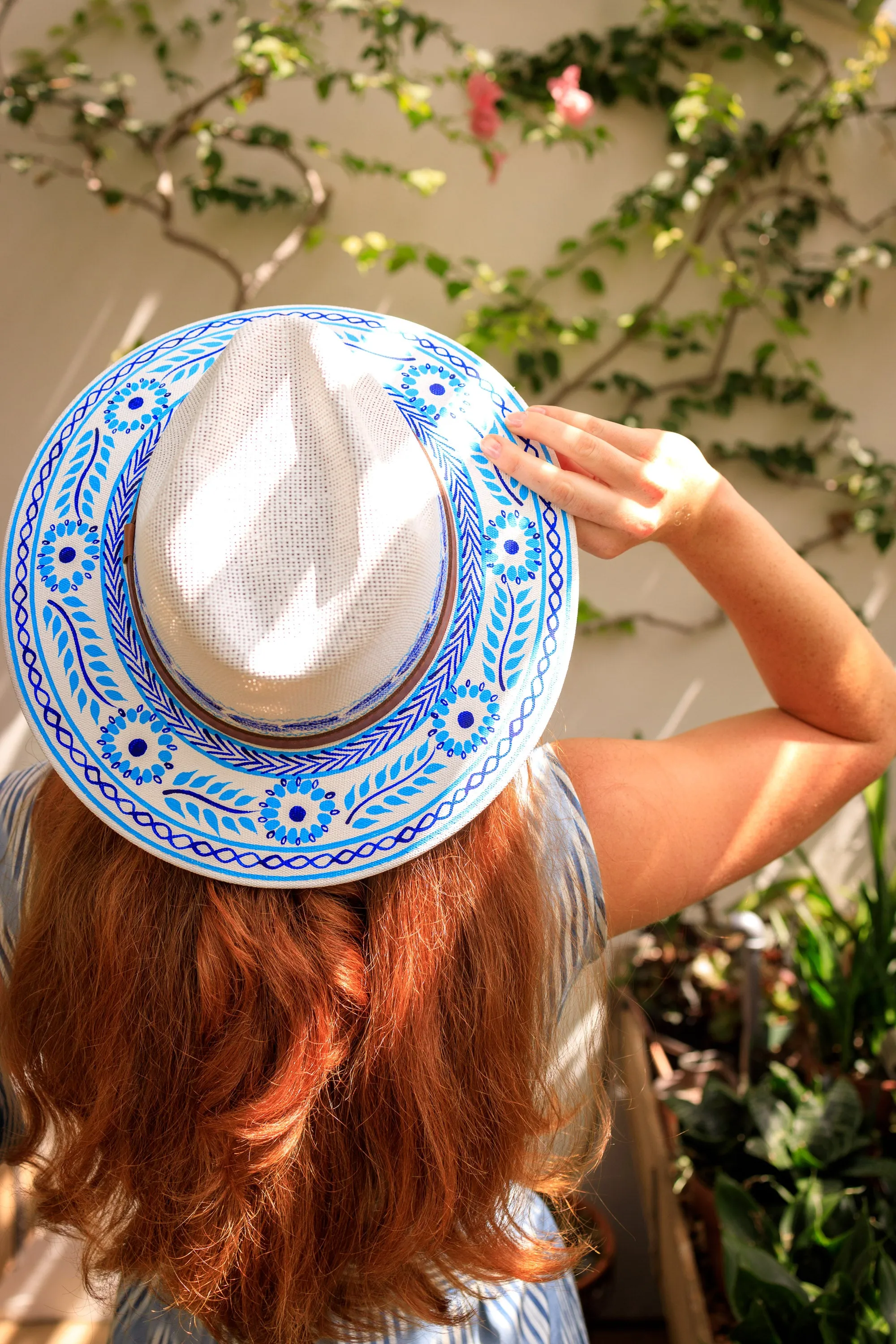 Hand-painted Hat from Mexico - Floral - White, Light Blue, Navy