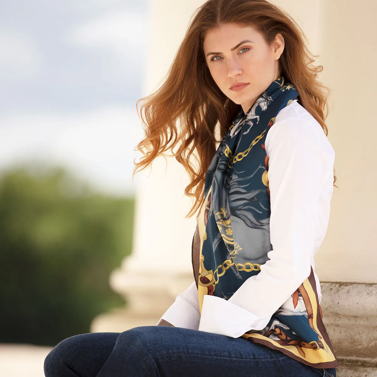 Hold Your Horses Navy & Gold Classic Silk Scarf