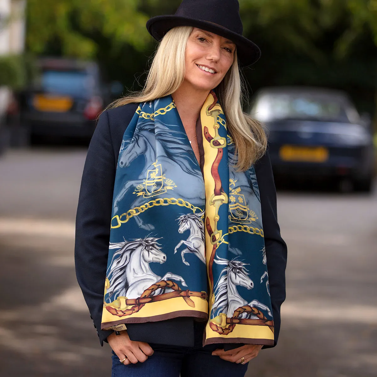 Hold Your Horses Navy & Gold Classic Silk Scarf