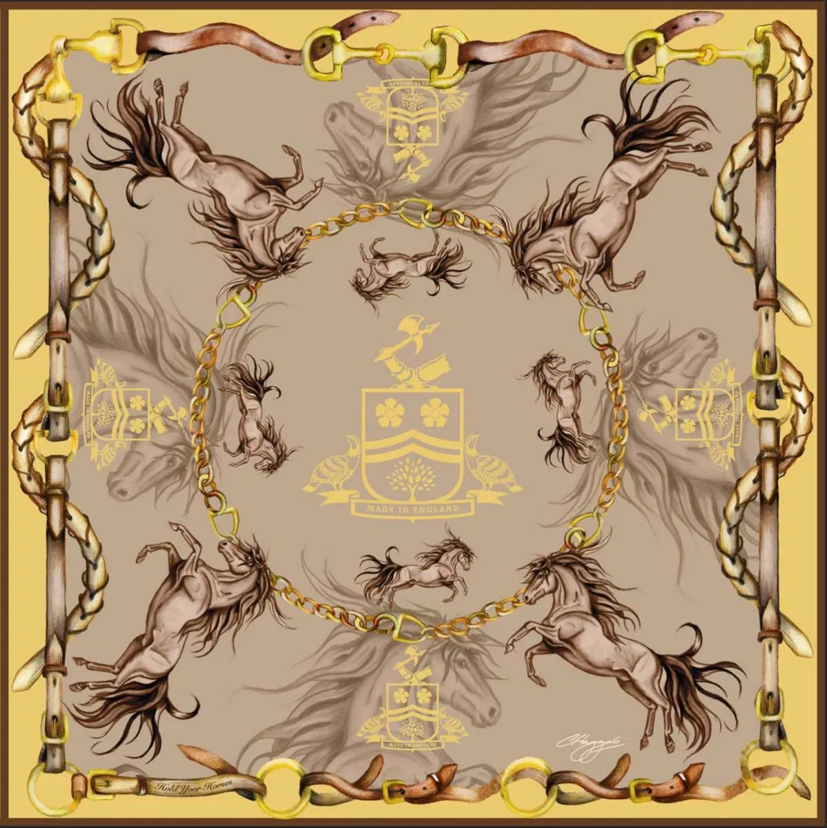 Hold Your Horses Toffee & Gold Large Square Silk Scarf