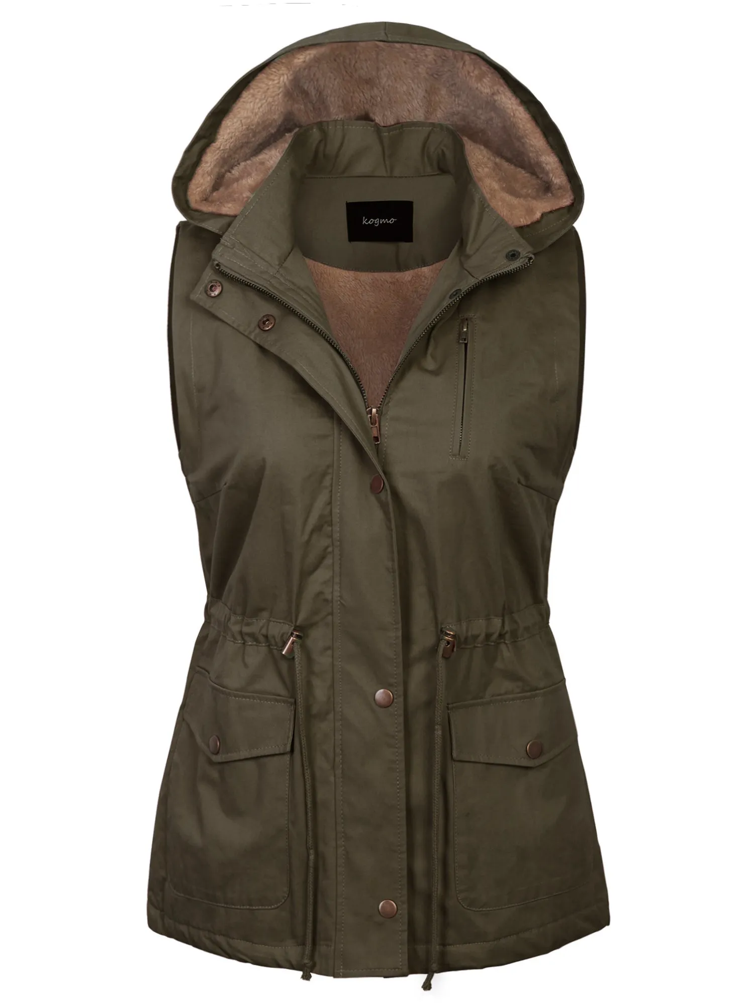 KOGMO Womens Fur Lined Anorak Safari Vest with Detachable Hoodie (S-3X)