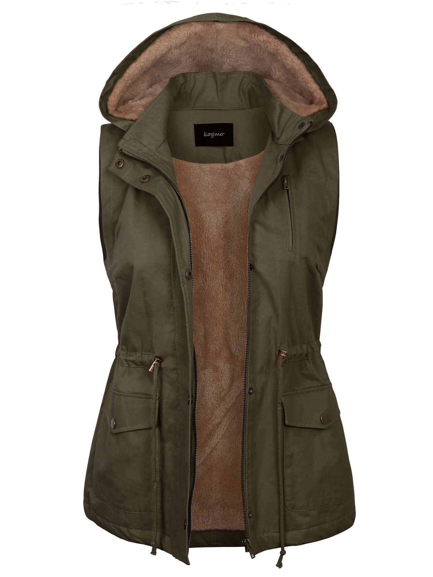 KOGMO Womens Fur Lined Anorak Safari Vest with Detachable Hoodie (S-3X)