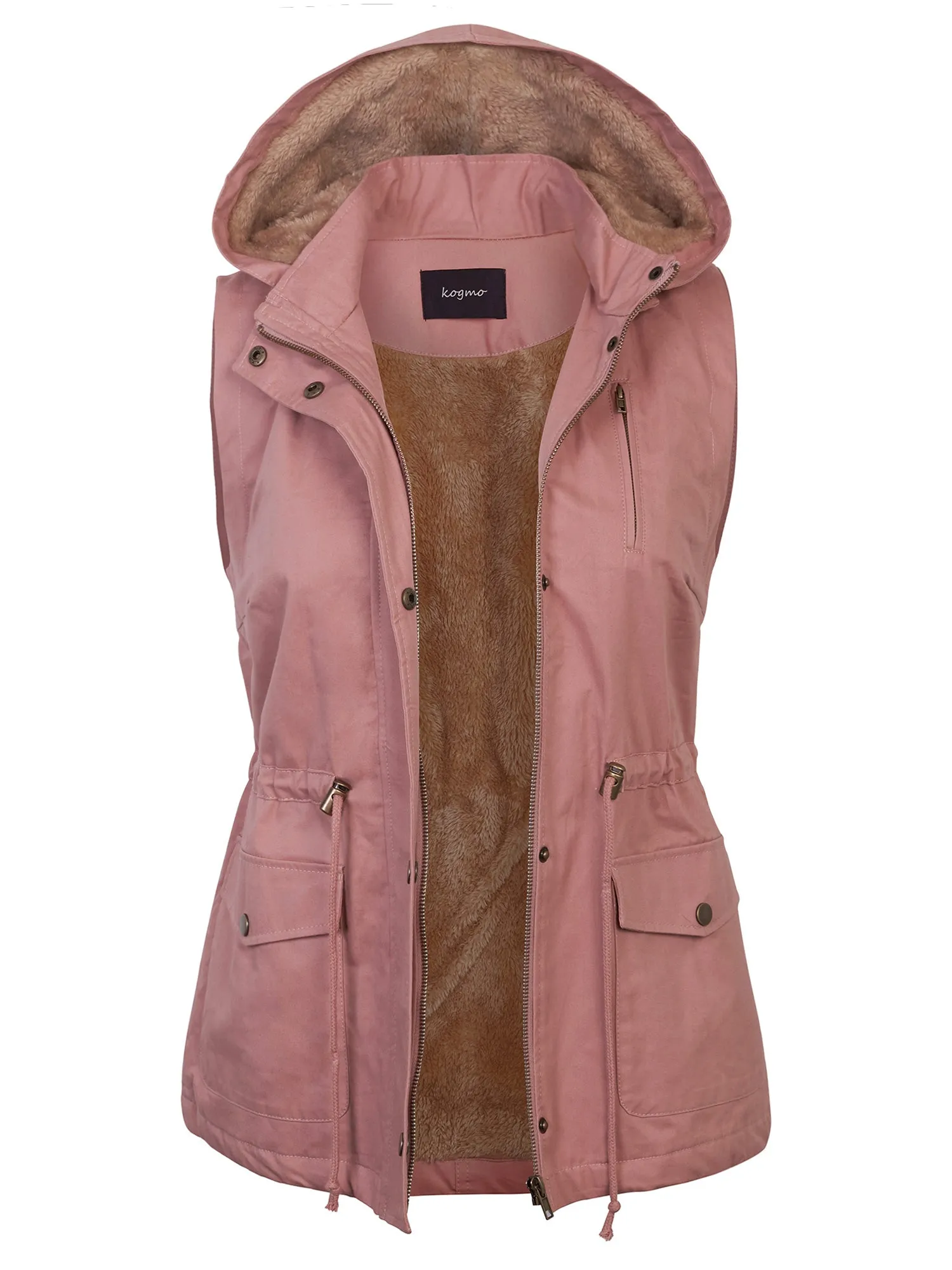 KOGMO Womens Fur Lined Anorak Safari Vest with Detachable Hoodie (S-3X)