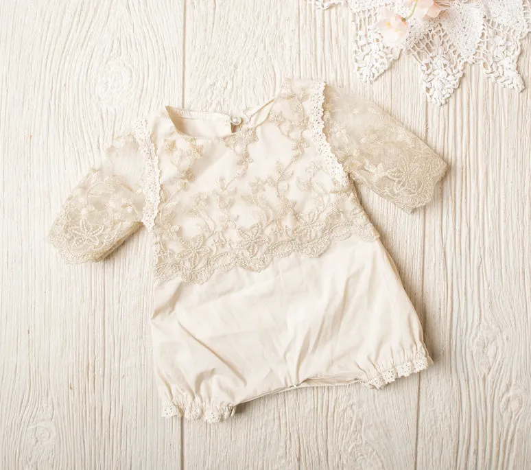 Kryssi Kouture Girls Anna Champagne & Gold Lace Romper