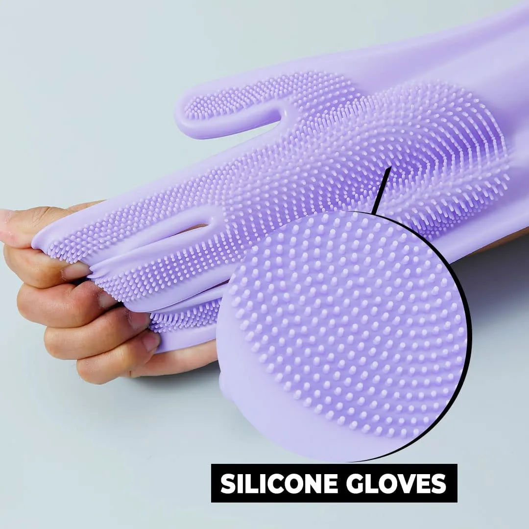 Kuber Industries Multi-Purpose Silicon Gloves For Kitchen Cleaning, Pet Grooming & Gardening|Reusable Gardening Gloves|Heat Resistant For Better Protection|Purple,Pack of3