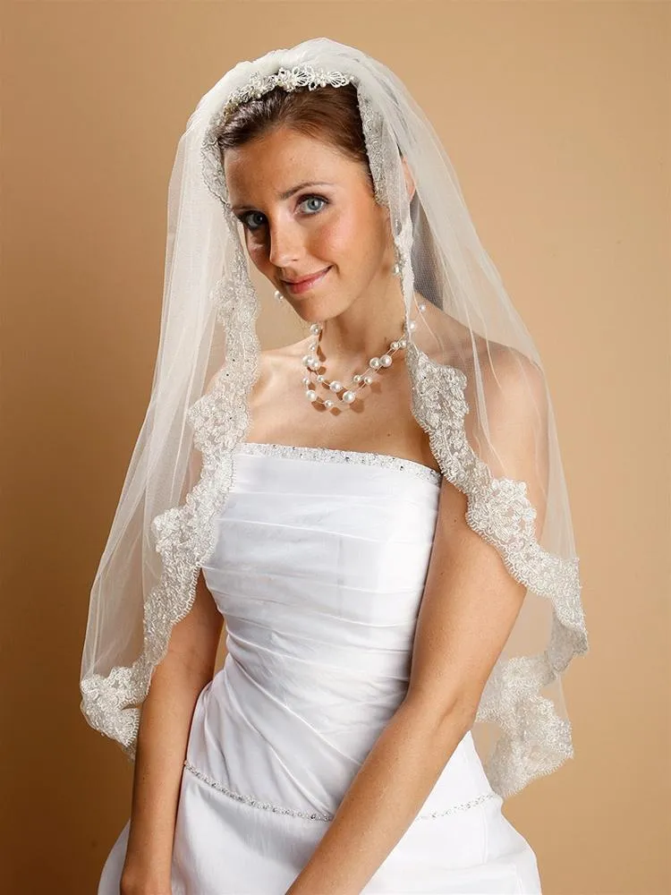 Lace Wedding Veil, Pearls Beads