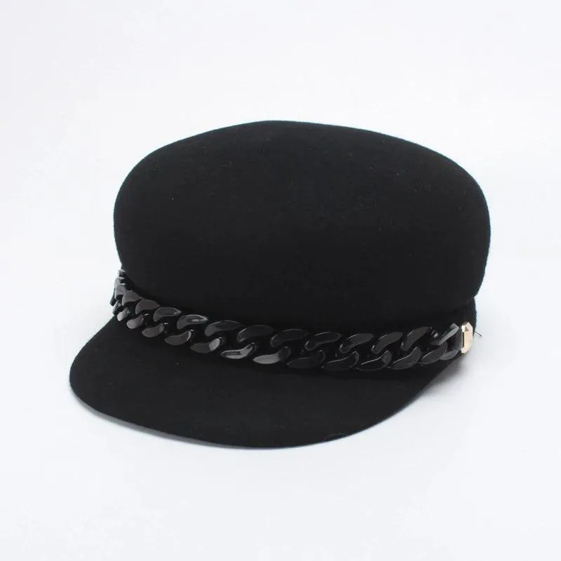 Military Style Winter Beret Hats with Chic Chain