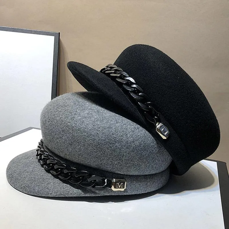 Military Style Winter Beret Hats with Chic Chain