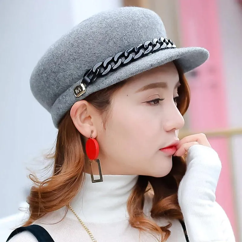 Military Style Winter Beret Hats with Chic Chain