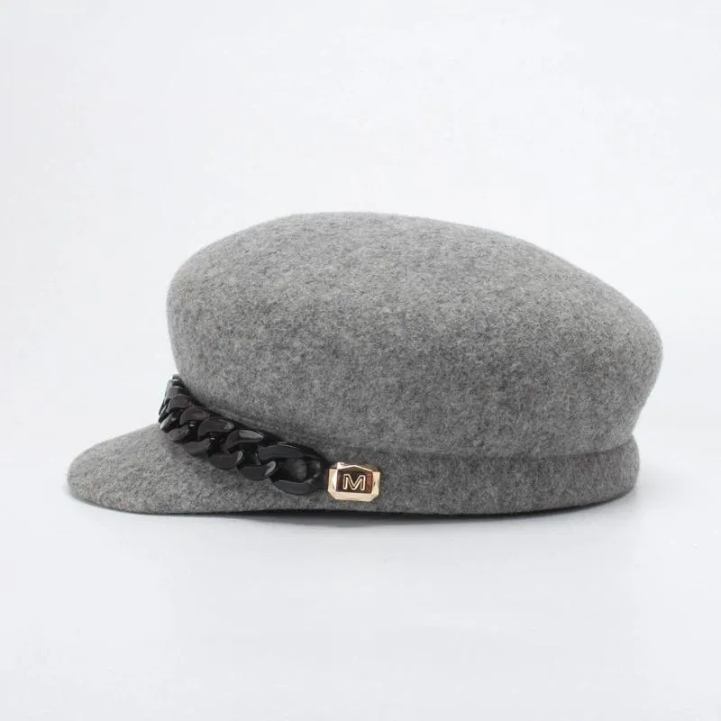 Military Style Winter Beret Hats with Chic Chain