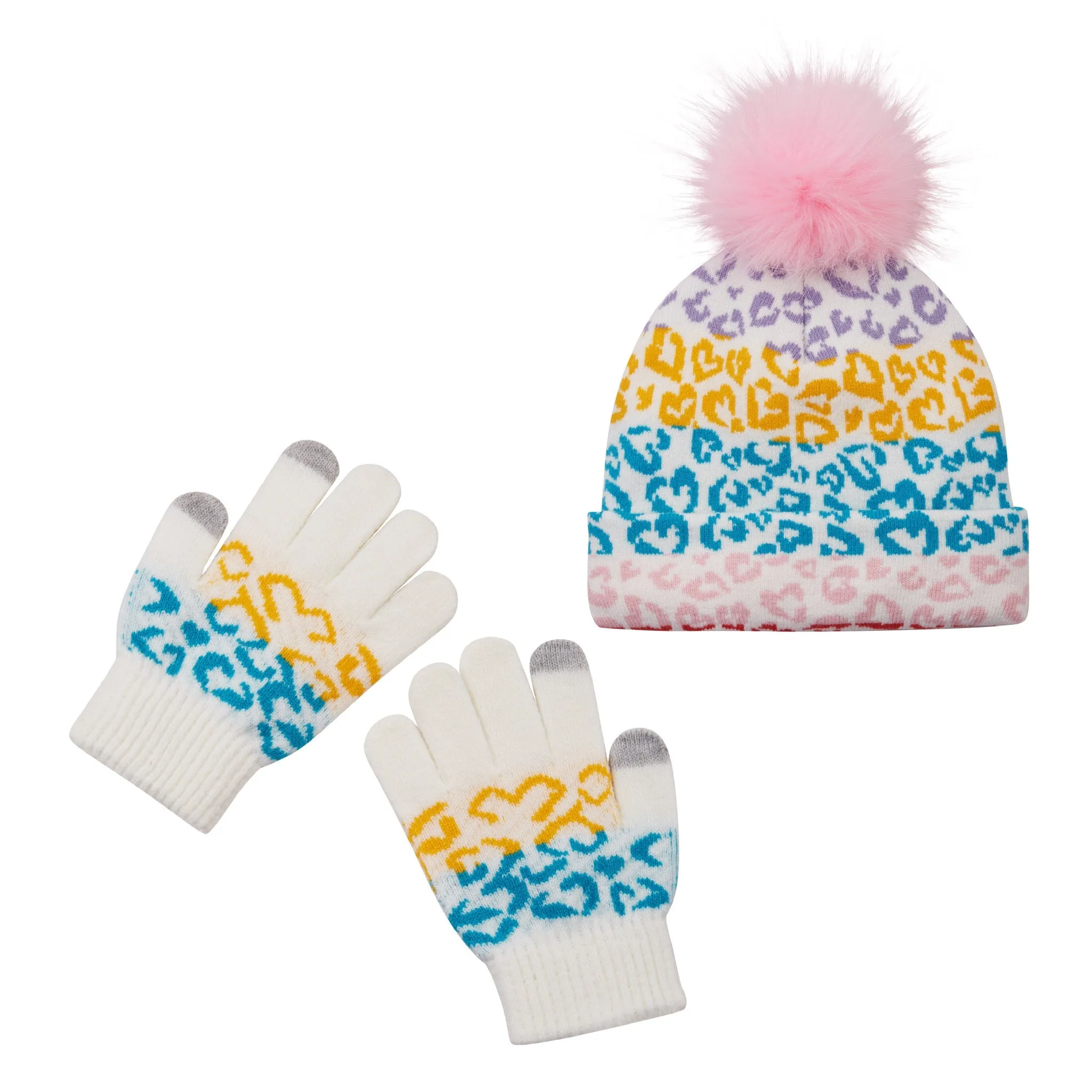 Multicolor Hearts Winter Hat & Gloves Set