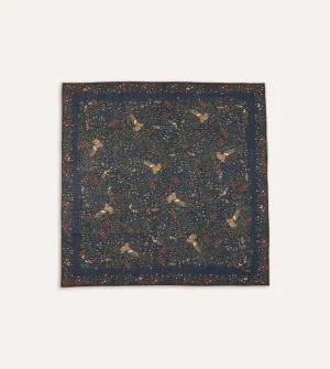 Navy Birds of Paradise Print Wool-Silk Square Scarf