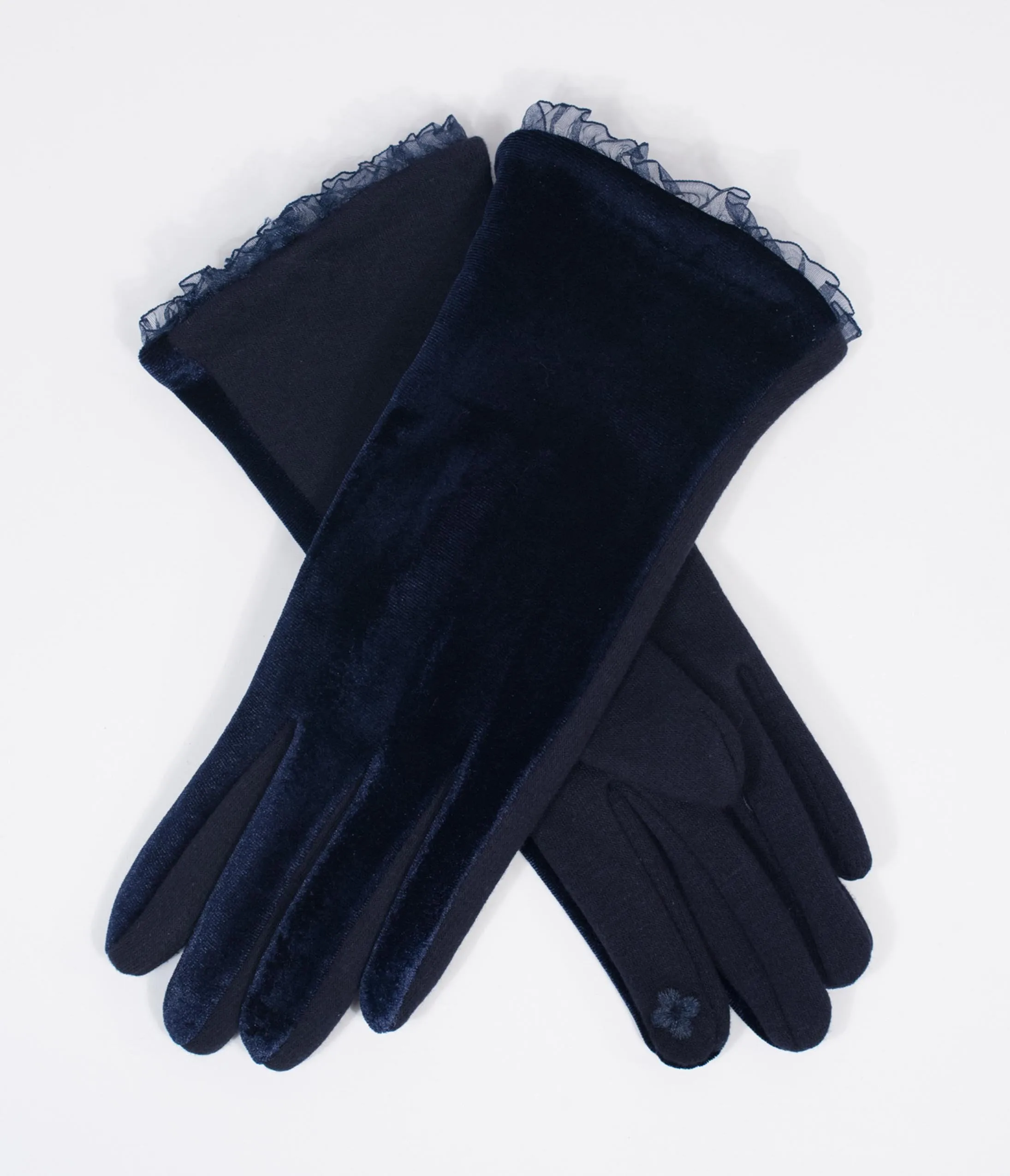 Navy Blue Velvet & Lace Gloves