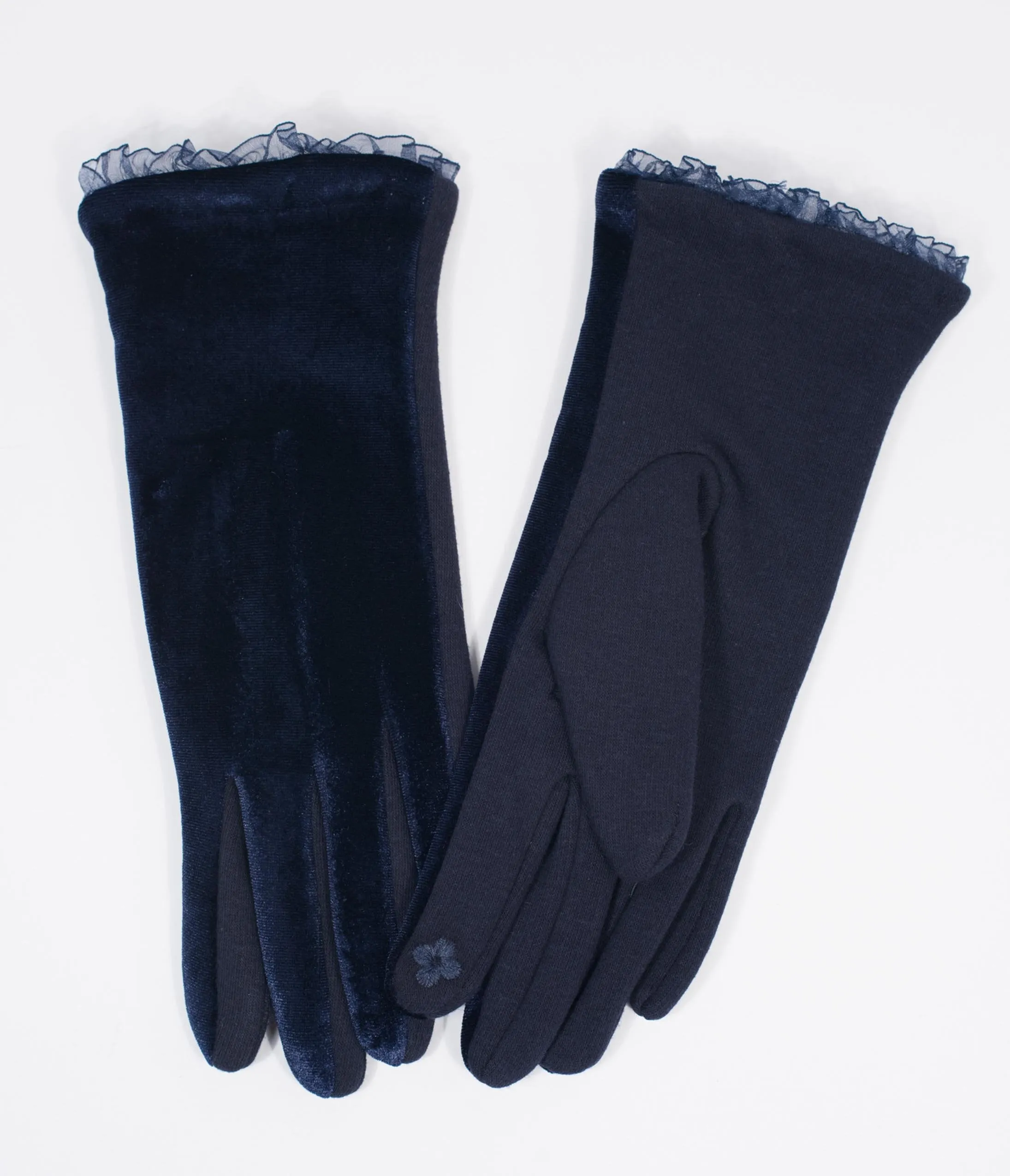 Navy Blue Velvet & Lace Gloves