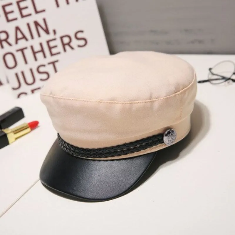 Newsboy Cap Style Vegan Leather Winter Beret Hats with Braided Decoration