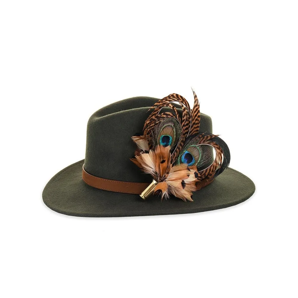 Olive Fedora with Pheasant and Peacock Heart Pin