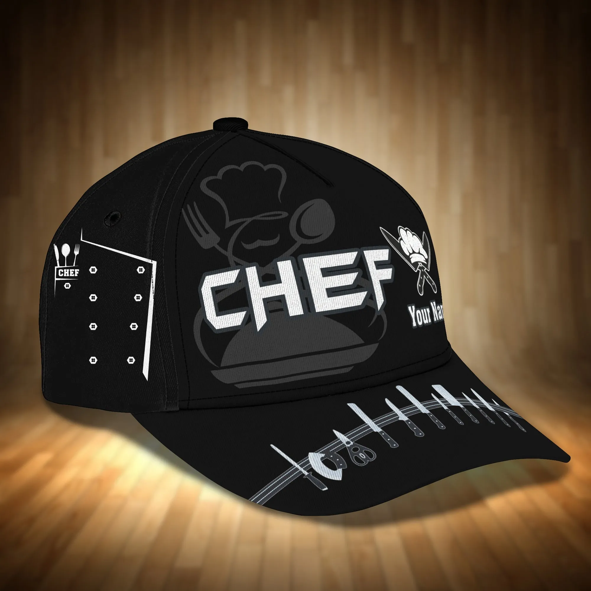 Personalized Black Baseball Chef Cap, 3D All Over Printed Classic Chef Hat, Chef Cap, Present To Master Chef