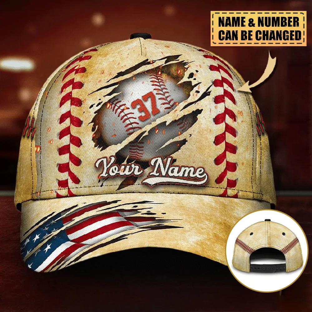 Personalized Custom Crack Baseball Classic Cap, Baseball Flag USA Cap, Classic Cap for Baseball Lover