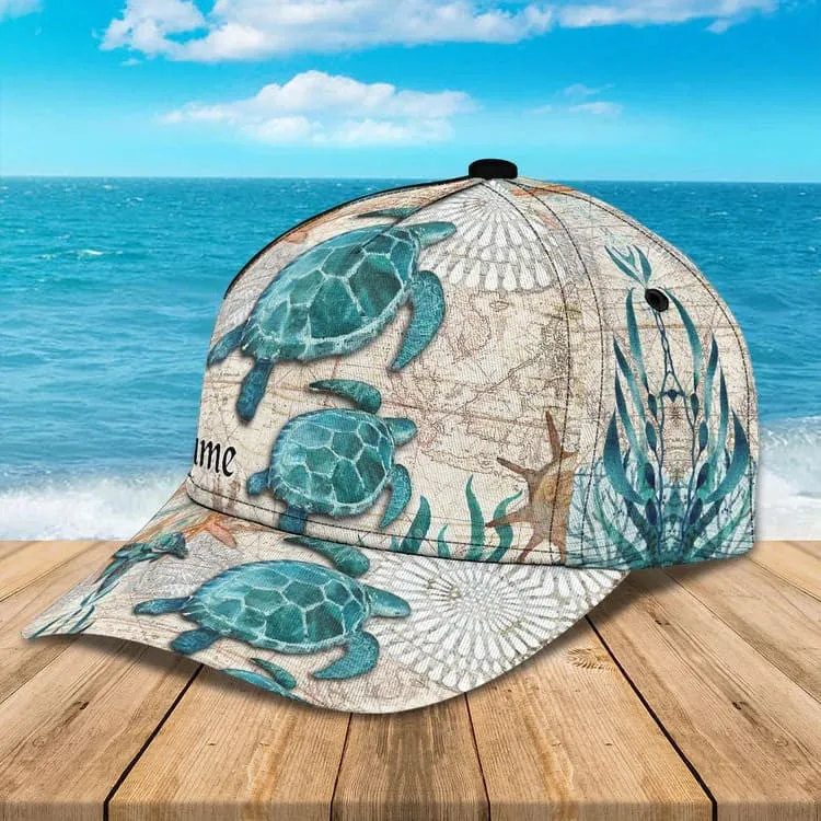 Personalized Turtle Beach 3D Baseball Cap for Turtle Lovers, Tortoise Shell Pattern Hat for Girlfriend