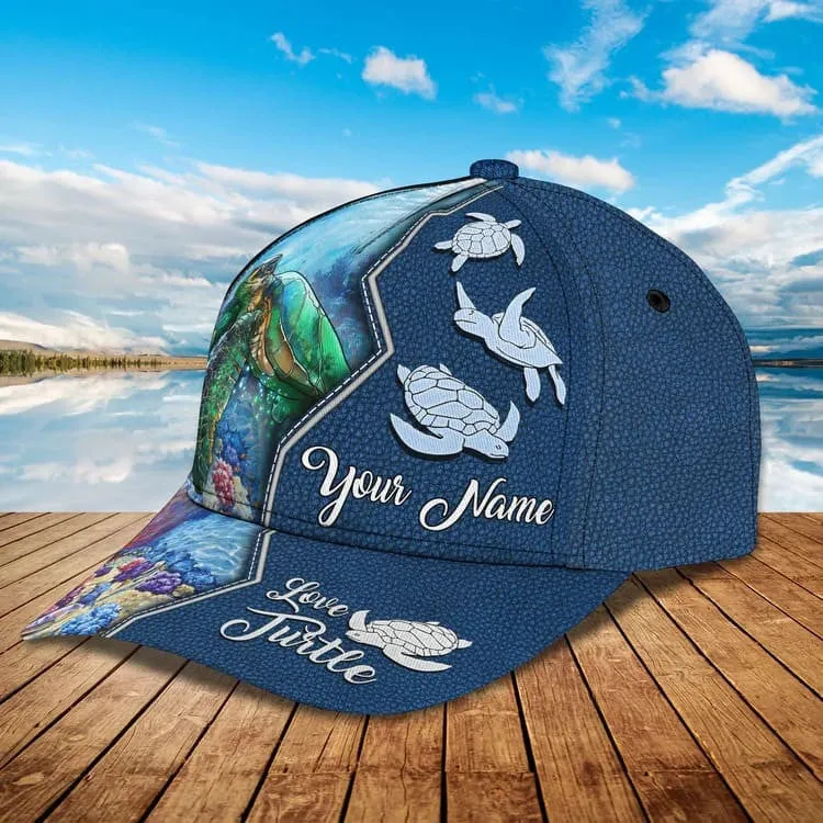 Personalized Turtle Beach 3D Baseball Cap for Turtle Lovers, Tortoise Shell Pattern Hat for Girlfriend