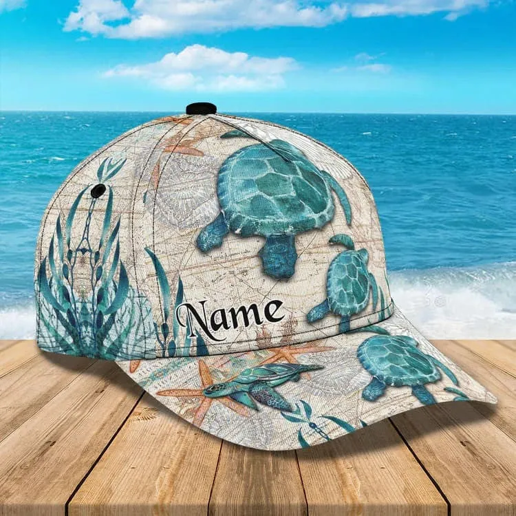 Personalized Turtle Beach 3D Baseball Cap for Turtle Lovers, Tortoise Shell Pattern Hat for Girlfriend