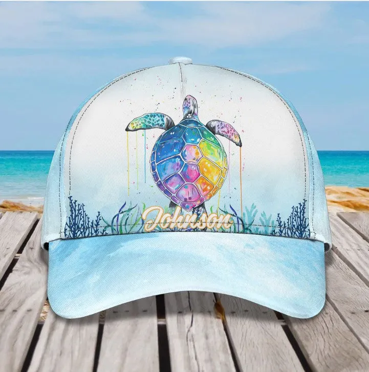 Personalized Turtle Beach 3D Baseball Cap for Turtle Lovers, Tortoise Shell Pattern Hat for Girlfriend