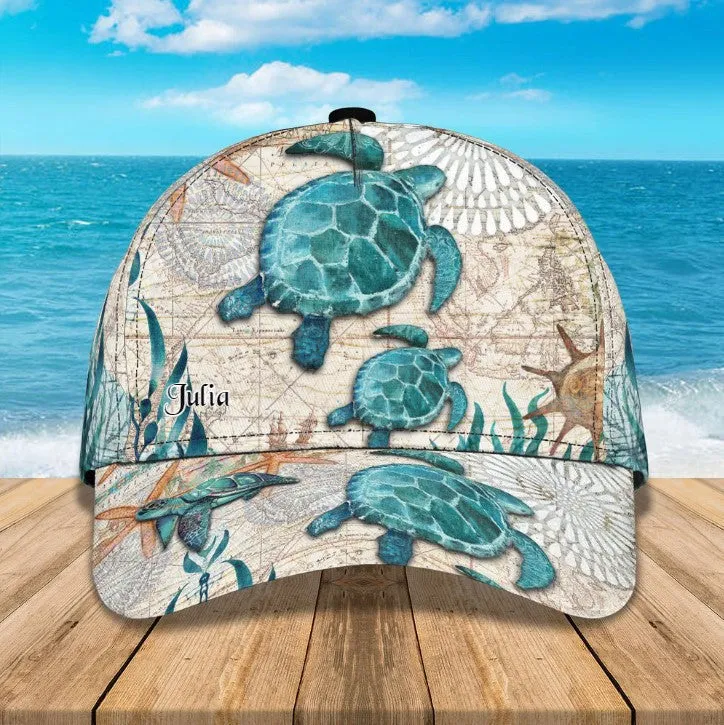 Personalized Turtle Beach 3D Baseball Cap for Turtle Lovers, Tortoise Shell Pattern Hat for Girlfriend