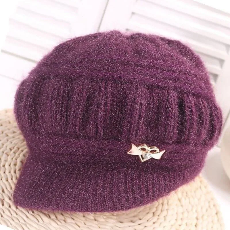 Plush Solid Colored Windproof Knitted Winter Hats with Chic Heart Charm