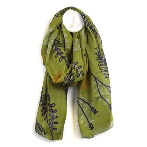 POM One Size Olive Green Illustrative Fern Print Scarf