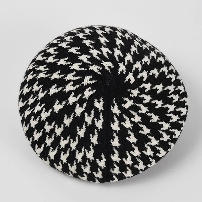 Preppy Houndstooth Pattern Winter Beret Hats