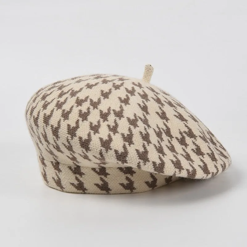 Preppy Houndstooth Pattern Winter Beret Hats