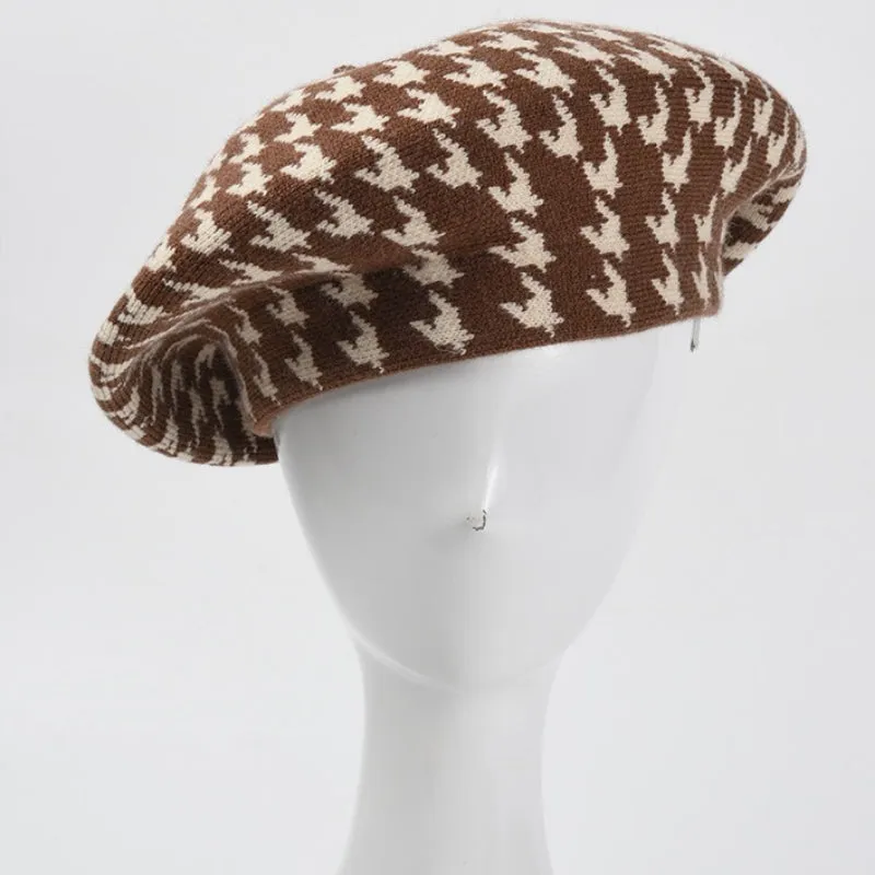 Preppy Houndstooth Pattern Winter Beret Hats