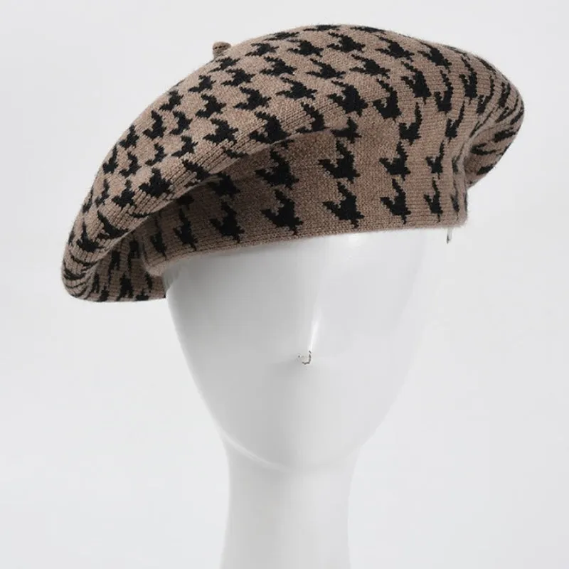 Preppy Houndstooth Pattern Winter Beret Hats