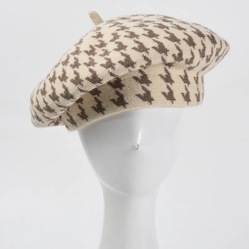 Preppy Houndstooth Pattern Winter Beret Hats