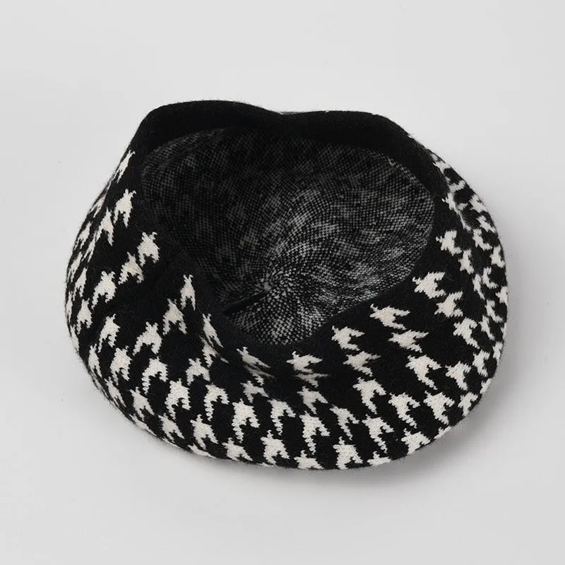 Preppy Houndstooth Pattern Winter Beret Hats