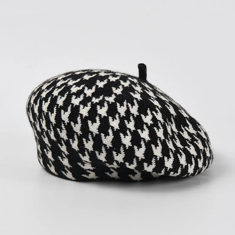 Preppy Houndstooth Pattern Winter Beret Hats