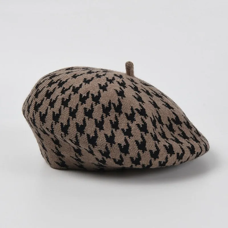 Preppy Houndstooth Pattern Winter Beret Hats