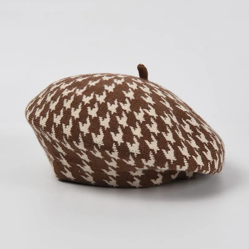 Preppy Houndstooth Pattern Winter Beret Hats