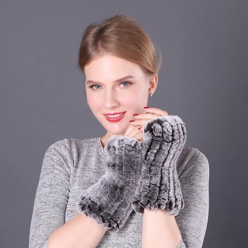 Rex rabbit fur warm fur gloves for winter ladies lovely open finger stretch gloves