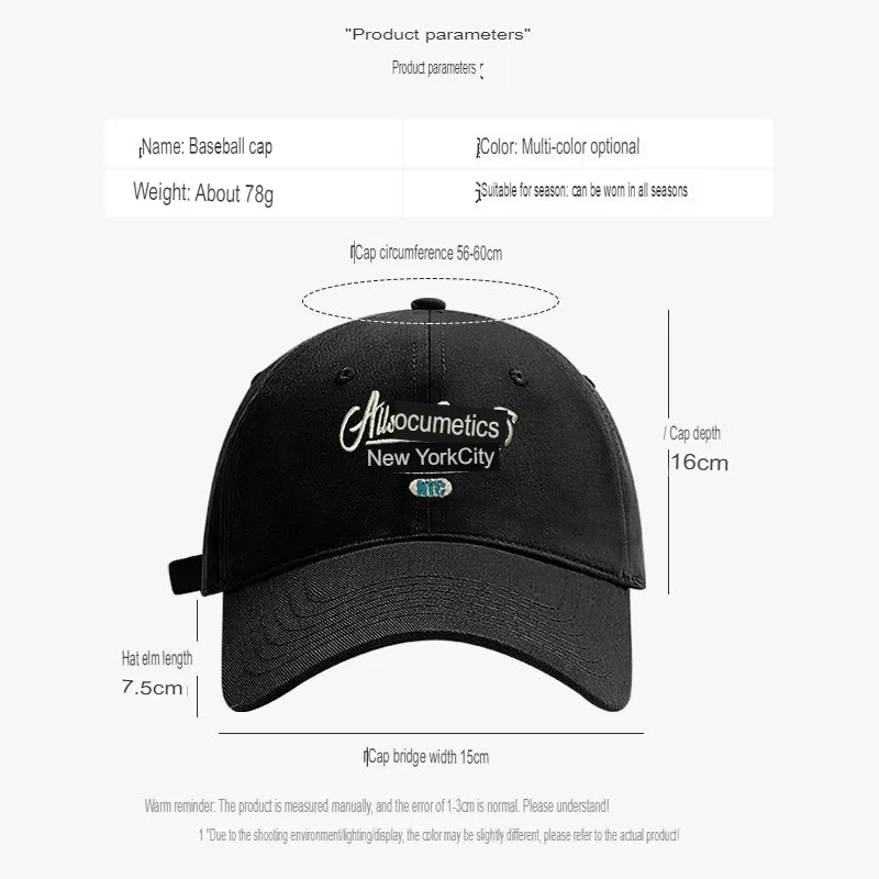 Simple letter embroidery versatile baseball cap spring and autumn large head circumference showing face small wide brim peaked cap couple trendy hat