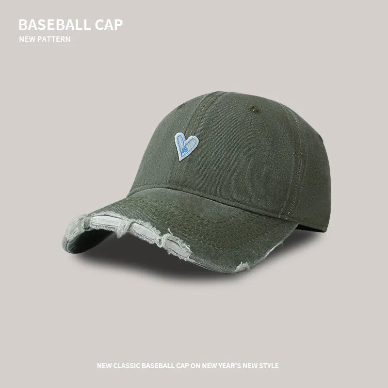 Soft top baseball cap female cartoon love washed hole visor peaked cap Korean style trendy sweet cool wide brim peaked cap