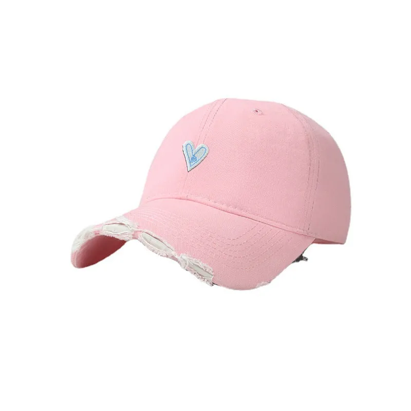 Soft top baseball cap female cartoon love washed hole visor peaked cap Korean style trendy sweet cool wide brim peaked cap