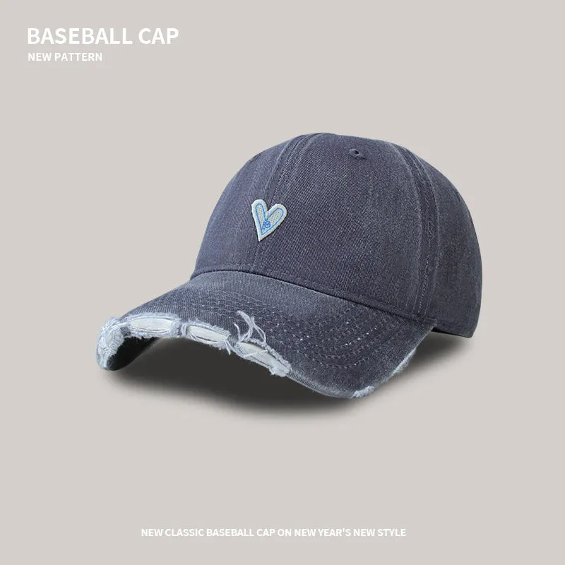 Soft top baseball cap female cartoon love washed hole visor peaked cap Korean style trendy sweet cool wide brim peaked cap