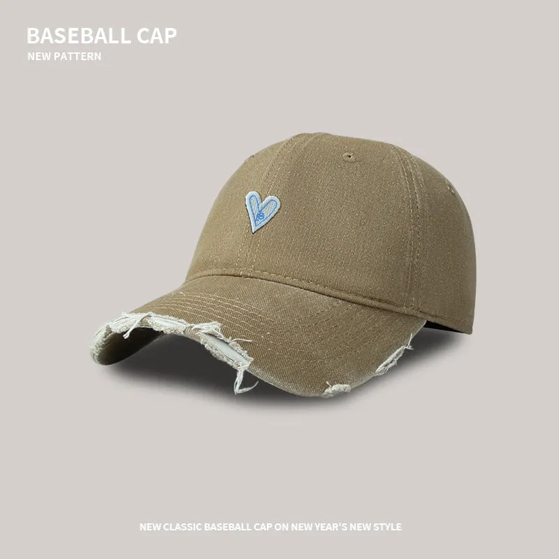 Soft top baseball cap female cartoon love washed hole visor peaked cap Korean style trendy sweet cool wide brim peaked cap