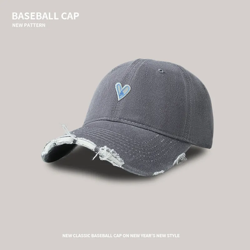 Soft top baseball cap female cartoon love washed hole visor peaked cap Korean style trendy sweet cool wide brim peaked cap