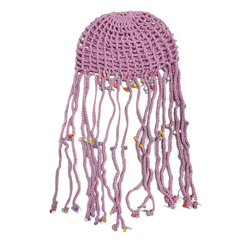 TAVIMART  -  Women's Handmade Crochet Hats Y2k Fashion Fascinating Hollow Beanie Hat Cap with Beads Tassle Decoration Chic Hat