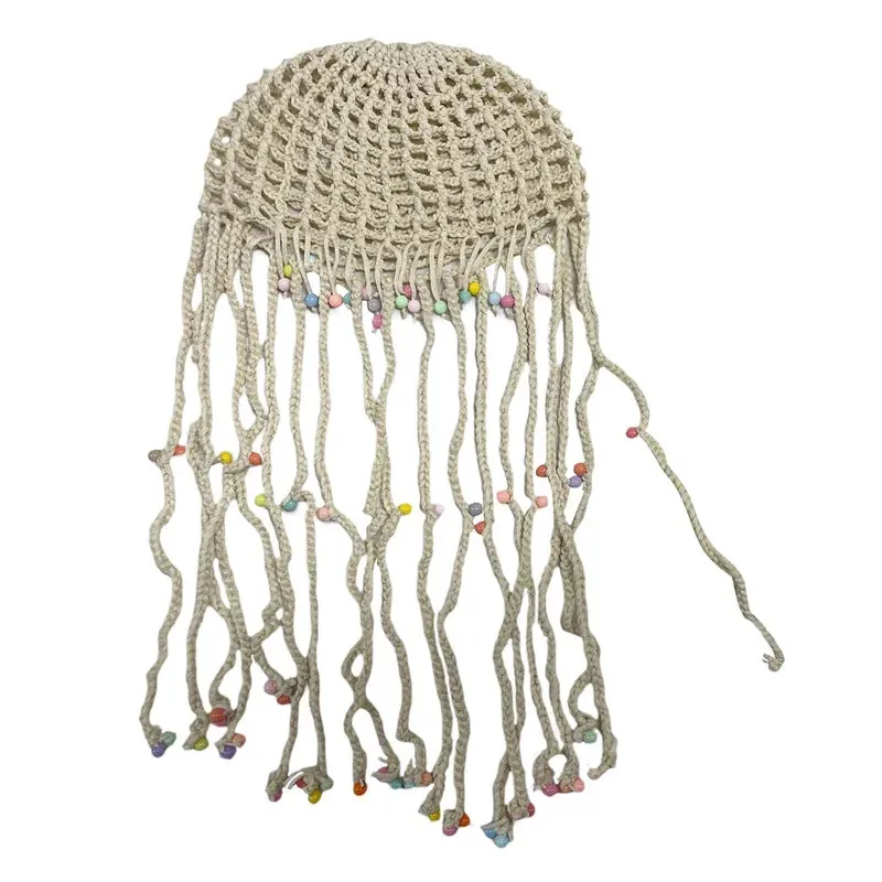 TAVIMART  -  Women's Handmade Crochet Hats Y2k Fashion Fascinating Hollow Beanie Hat Cap with Beads Tassle Decoration Chic Hat