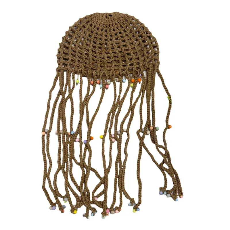 TAVIMART  -  Women's Handmade Crochet Hats Y2k Fashion Fascinating Hollow Beanie Hat Cap with Beads Tassle Decoration Chic Hat