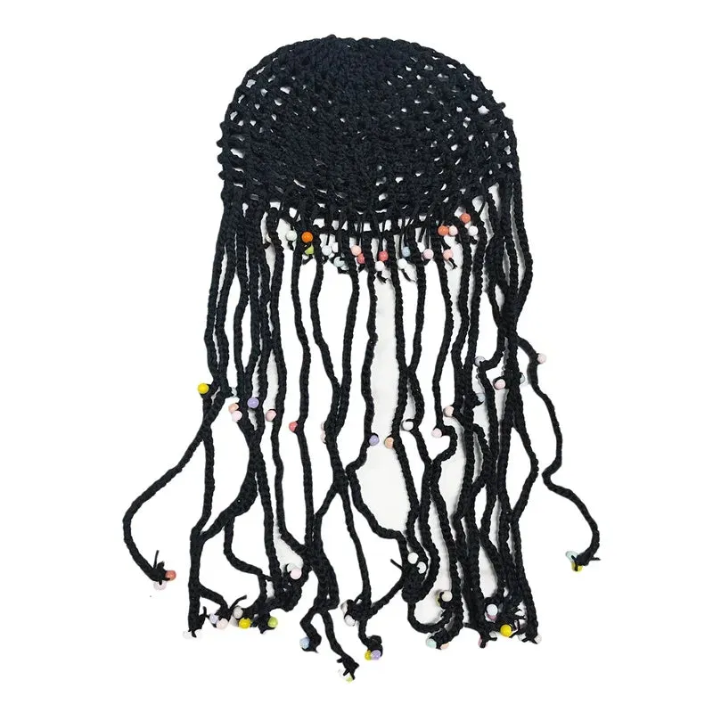 TAVIMART  -  Women's Handmade Crochet Hats Y2k Fashion Fascinating Hollow Beanie Hat Cap with Beads Tassle Decoration Chic Hat