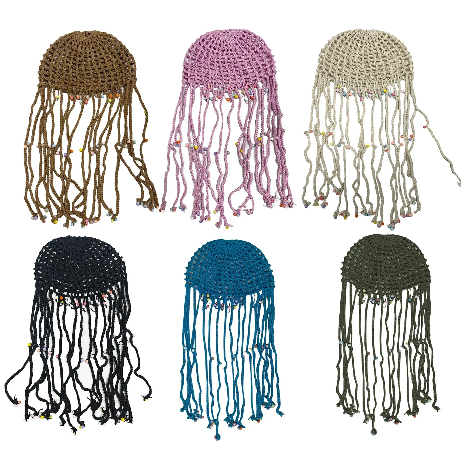 TAVIMART  -  Women's Handmade Crochet Hats Y2k Fashion Fascinating Hollow Beanie Hat Cap with Beads Tassle Decoration Chic Hat